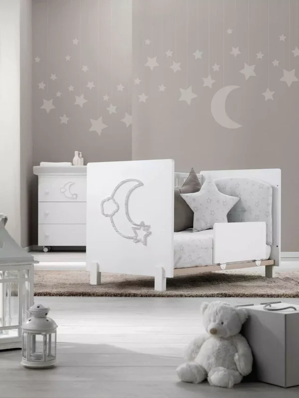 Postieľka s matracom a komplet textilom Little Moon biela - Image 2